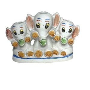 Vintage Ceramic Japan Lusterware Trio of Elephants Toothpick Holder White